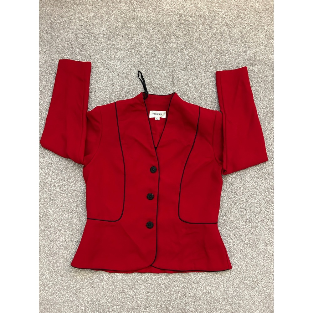 Boho Academia Studio I Blazer Womens 10 Red Excellent Black Piping Peplum Jacket
